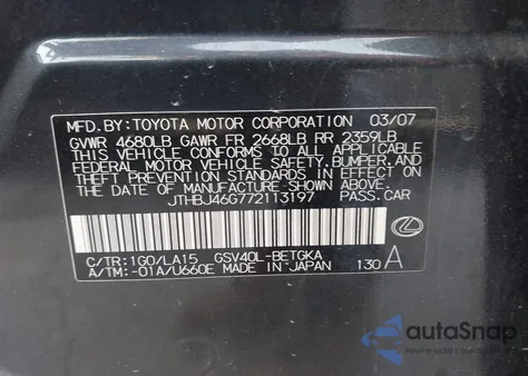 2007 Lexus Es 350 z USA, uszkodzony, nr VIN JTHBJ46G772113197